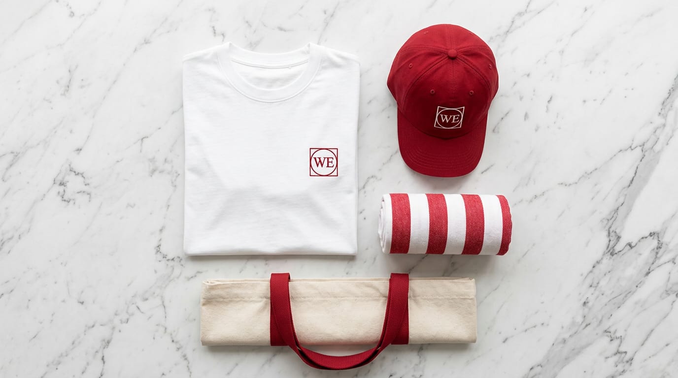 The WE collection laid out on white marble: a white tee, a red cap, a striped towel and a canvas tote