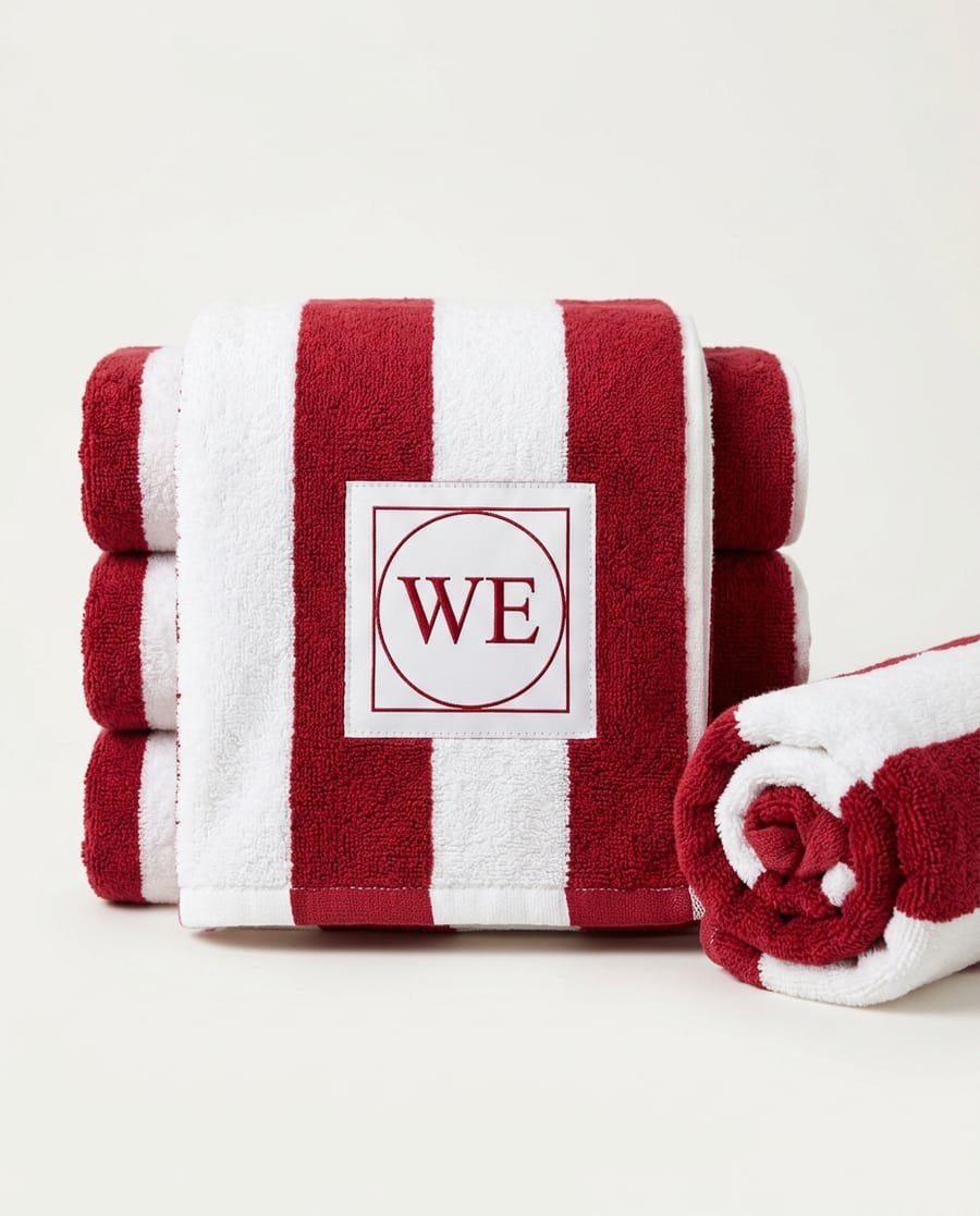 Stack of red and white striped cabana towels with a WE monogram patch